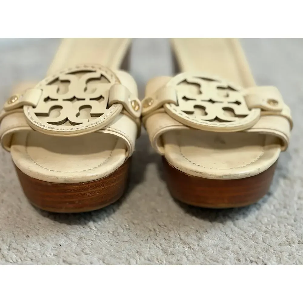Tory Burch Miller Leather Laser Cut Logo Wedge Heel Slide Sandals Cream Size 8